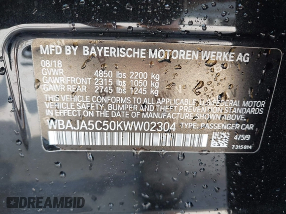 2019 BMW 5 Series 530i with VIN WBAJA5C50KWW02304, listed as a IAAI auction lot 42338536 with 29,049 mi miles and . Bid and sale history available at DreamBid. Image 9.