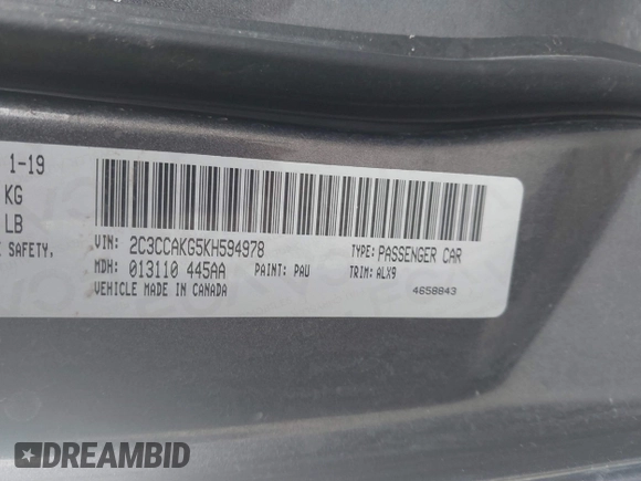 2019 Chrysler 300 Limited with VIN 2C3CCAKG5KH594978, listed as a IAAI auction lot 41261006 with 184,890 mi miles. Bid and sale history available at carsss.com. Image 9.