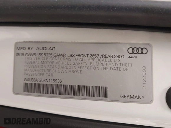 2019 Audi A6 Premium Plus with VIN WAUE8AF25KN115936, listed as a IAAI auction lot 41857722 with 61,375 mi miles. Bid and sale history available at carsss.com. Image 9.