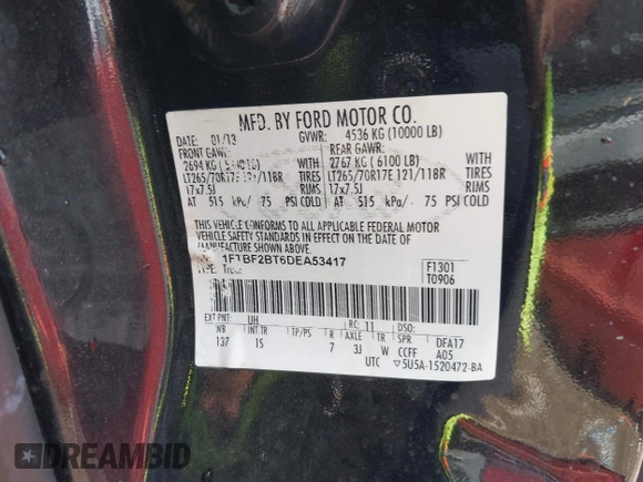 2013 Ford F-250 XLT with VIN 1FTBF2BT6DEA53417, listed as a IAAI auction lot 42331115 with 260,439 mi miles and . Bid and sale history available at DreamBid. Image 9.