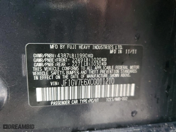 2012 Subaru Impreza Sedan WRX WRX with VIN JF1GV7E6XCG011210, listed as a Copart auction lot 81972274 with 136,255 mi miles and Salvage Title. Bid and sale history available at carsss.com. Image 12.