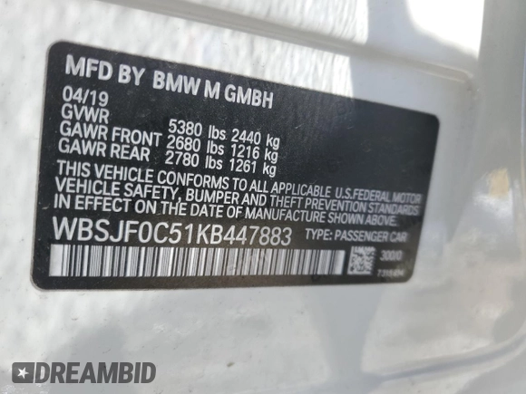 2019 BMW M5 Competition with VIN WBSJF0C51KB447883, listed as a Copart auction lot 42544553 with 14,000 mi miles. Bid and sale history available at carsss.com. Image 12.