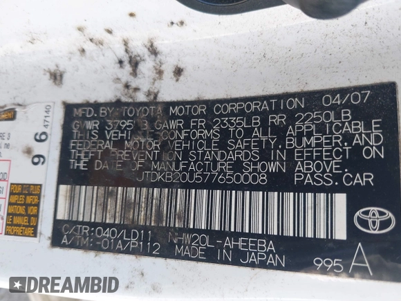 2007 Toyota Prius with VIN JTDKB20U577650008, listed as a IAAI auction lot 42171792 with 180,466 mi miles and . Bid and sale history available at DreamBid. Image 9.