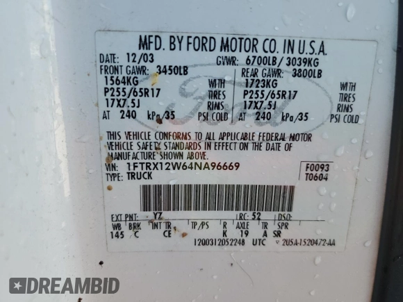 2004 Ford F-150 STX with VIN 1FTRX12W64NA96669, listed as a Copart auction lot 49637555 with 214,900 mi miles and Clean title. Bid and sale history available at DreamBid. Image 12.
