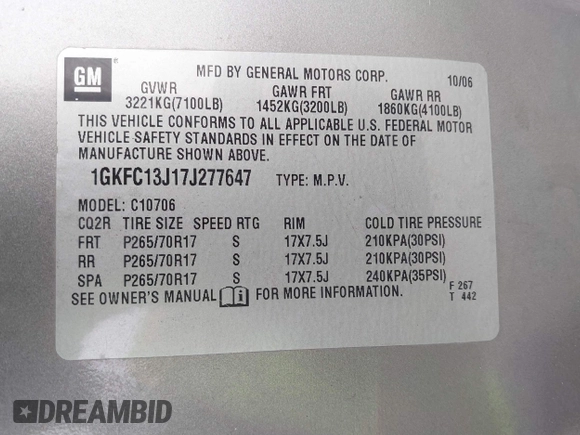 2007 GMC Yukon SLT with VIN 1GKFC13J17J277647, listed as a IAAI auction lot 41455860 with 200,035 mi miles. Bid and sale history available at carsss.com. Image 9.