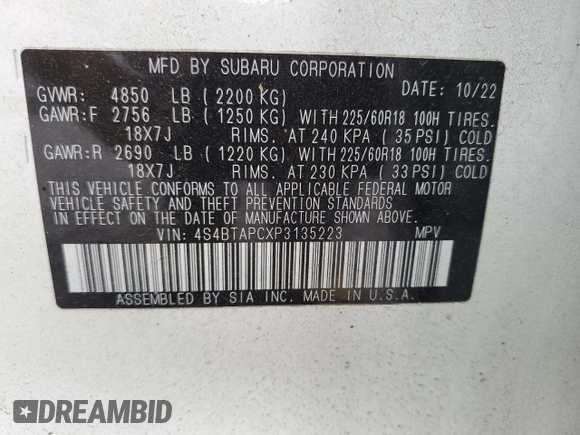 2023 Subaru Outback Touring with VIN 4S4BTAPCXP3135223, listed as a Copart auction lot 48505665 with 37,108 mi miles and Salvage title. Bid and sale history available at DreamBid. Image 12.