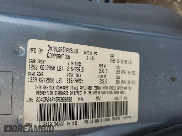 2005 Dodge Caravan SE with VIN 2D4GP24R45R369099, listed as a Copart auction lot 53975625 with 462,613 mi miles and Salvage Title. Bid and sale history available at carsss.com. Image 14.
