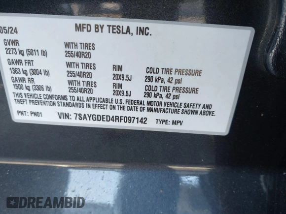 2024 Tesla Model Y с VIN 7SAYGDED4RF097142, выставлен на аукционе IAAI как лот 41484729 с пробегом 20 миль миль и . История ставок и продаж доступна на DreamBid. Изображение 9.