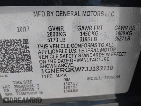 2018 Chevrolet Traverse LT Cloth with VIN 1GNERGKW7JJ133119, listed as a IAAI auction lot 42467939 with 103,873 mi miles and . Bid and sale history available at DreamBid. Image 9.