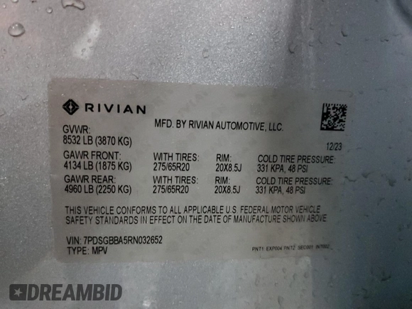2024 Rivian R1S Adventure with VIN 7PDSGBBA5RN032652, listed as a Copart auction lot 87921275 with 8,431 mi miles and Salvage Title. Bid and sale history available at carsss.com. Image 13.