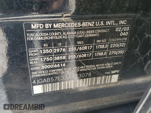 2003 Mercedes-Benz M-Class 3.7L with VIN 4JGAB57E33A423078, listed as a Copart auction lot 70934244 with 136,210 mi miles and Clean Title. Bid and sale history available at carsss.com. Image 13.