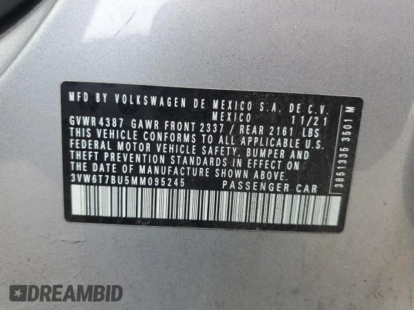 2021 Volkswagen Jetta GLI S с VIN 3VW6T7BU5MM095245, выставлен на аукционе Copart как лот 53602815 с пробегом 36 296 миль миль и Списание • Salvage title. История ставок и продаж доступна на DreamBid. Изображение 12.