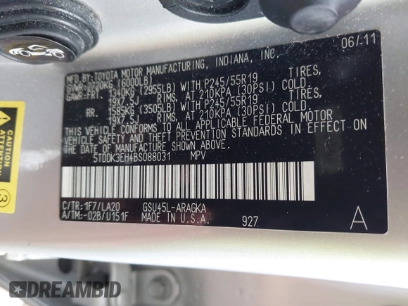 2011 Toyota Highlander Limited with VIN 5TDDK3EH4BS088031, listed as a IAAI auction lot 42515112 with 229,117 mi miles and . Bid and sale history available at DreamBid. Image 9.