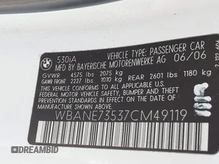 2007 BMW 5 Series 530i with VIN WBANE73537CM49119, listed as a IAAI auction lot 41678779 with 1 mi miles. Bid and sale history available at carsss.com. Image 9.