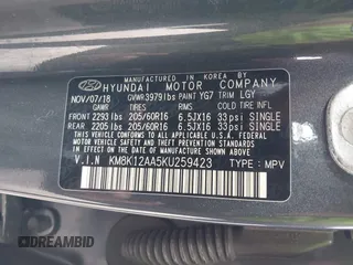 2019 Hyundai Kona SE with VIN KM8K12AA5KU259423, listed as a IAAI auction lot 41984447 with 109,266 mi miles and . Bid and sale history available at carsss.com. Image 9.