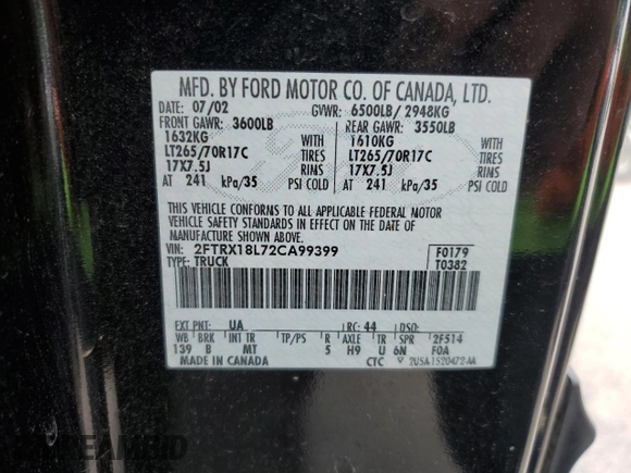 2002 Ford F-150 XL with VIN 2FTRX18L72CA99399, listed as a Copart auction lot 60335245 with 138,267 mi miles and Clean title. Bid and sale history available at DreamBid. Image 12.