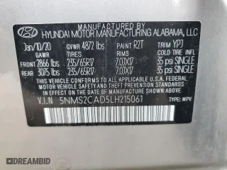 2020 Hyundai Santa Fe SE with VIN 5NMS2CAD5LH215061, listed as a Copart auction lot 51583185 with 56,255 mi miles and Salvage Title. Bid and sale history available at carsss.com. Image 13.