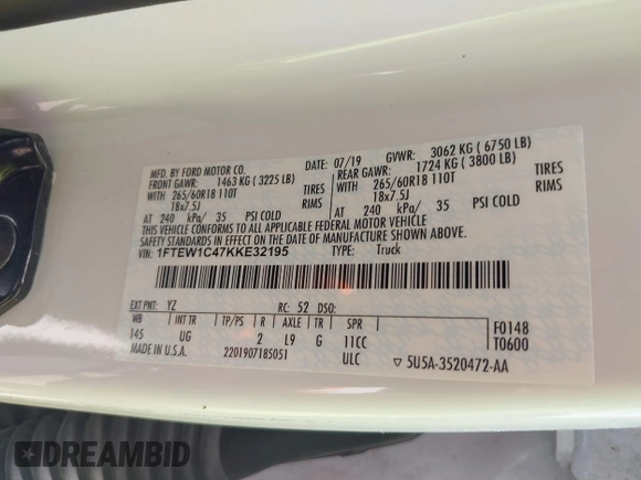 2019 Ford F-150 XL with VIN 1FTEW1C47KKE32195, listed as a IAAI auction lot 42637913 with Not provided miles and . Bid and sale history available at DreamBid. Image 9.
