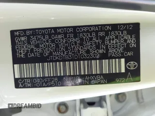 2013 Toyota Prius One with VIN JTDKDTB31D1032302, listed as a IAAI auction lot 42100473 with 155,632 mi miles. Bid and sale history available at carsss.com. Image 9.