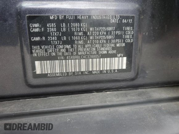 2012 Subaru Outback Limited with VIN 4S4BRBLCXC3288057, listed as a Copart auction lot 57960985 with 132,349 mi miles and Salvage title. Bid and sale history available at DreamBid. Image 14.