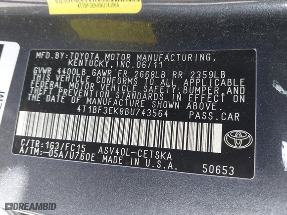 2011 Toyota Camry LE with VIN 4T1BF3EK8BU743564, listed as a IAAI auction lot 41795818 with 168,877 mi miles. Bid and sale history available at carsss.com. Image 9.