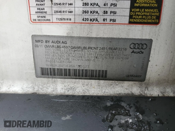2011 Audi A3 2.0 TDI Premium Plus with VIN WAUKJAFM7BA130177, listed as a Copart auction lot 86057064 with 125,072 mi miles and Non Repairable. Bid and sale history available at carsss.com. Image 12.