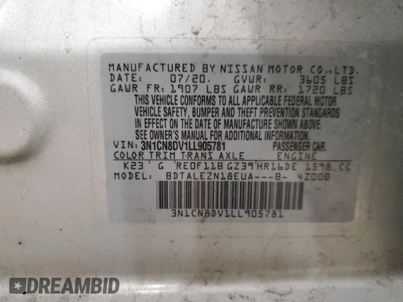 2020 Nissan Versa S with VIN 3N1CN8DV1LL905781, listed as a Copart auction lot 52971995 with 71,058 mi miles and Salvage Title. Bid and sale history available at DreamBid. Image 12.