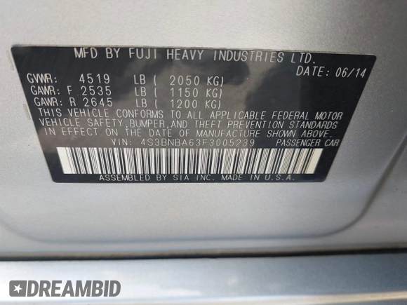 2015 Subaru Legacy 2.5i with VIN 4S3BNBA63F3005239, listed as a IAAI auction lot 42702953 with 101,647 mi miles and . Bid and sale history available at DreamBid. Image 9.
