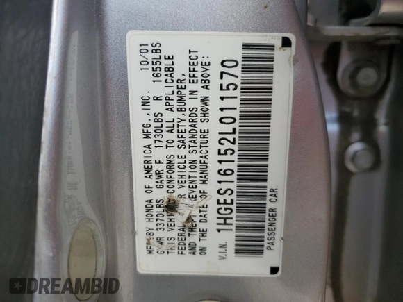2002 Honda Civic z VIN 1HGES16152L011570, wystawiony jako Copart lot #82098904 z przebiegiem 226 050 mil mil oraz Szkoda całkowita • Salvage title. Historia ofert i sprzedaży dostępna na DreamBid. Obrazek 12.