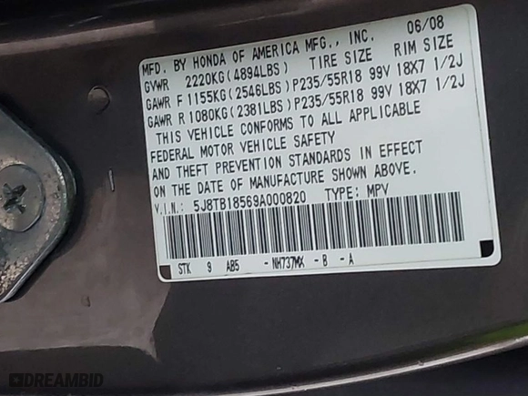 2009 Acura RDX Tech Pkg with VIN 5J8TB18569A000820, listed as a IAAI auction lot 41612663 with 150,886 mi miles. Bid and sale history available at carsss.com. Image 9.