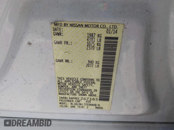 2014 Nissan Altima SL with VIN 1N4BL3AP4EC267165, listed as a IAAI auction lot 42046064 with 154,758 mi miles and . Bid and sale history available at DreamBid. Image 9.