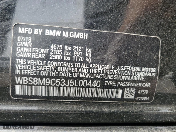 2018 BMW M3 with VIN WBS8M9C53J5L00440, listed as a Copart auction lot 54178485 with 47,451 mi miles and Salvage Title. Bid and sale history available at carsss.com. Image 13.