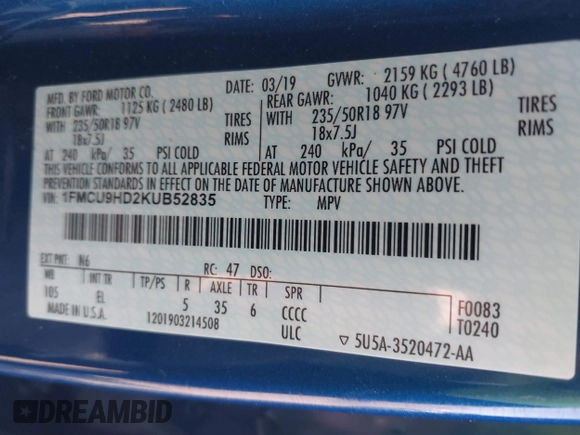 2019 Ford Escape SEL with VIN 1FMCU9HD2KUB52835, listed as a IAAI auction lot 41791321 with 80,468 mi miles and . Bid and sale history available at DreamBid. Image 9.