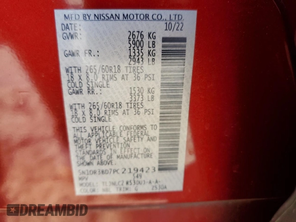 2023 Nissan Pathfinder Rock Creek with VIN 5N1DR3BD7PC219423, listed as a Copart auction lot 47657865 with 47,187 mi miles and Salvage title. Bid and sale history available at DreamBid. Image 14.