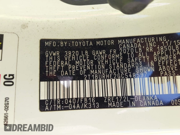 2016 Toyota Corolla L z VIN 2T1BURHE2GC548597, wystawiony jako IAAI lot #42241214 z przebiegiem 128 290 mil mil oraz . Historia ofert i sprzedaży dostępna na DreamBid. Obrazek 9.