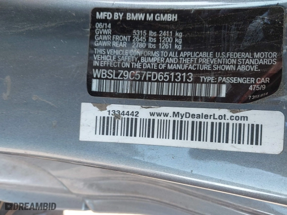 2015 BMW M6 with VIN WBSLZ9C57FD651313, listed as a IAAI auction lot 37867051 with 45,132 mi miles. Bid and sale history available at carsss.com. Image 9.