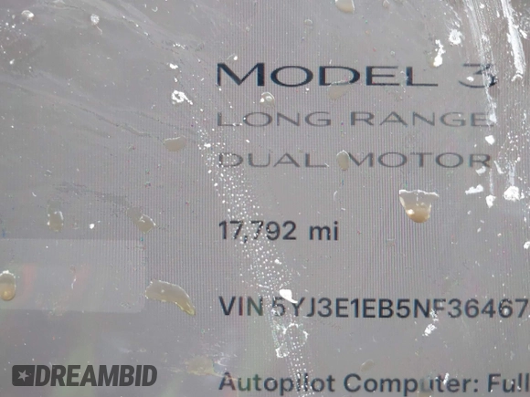 2022 Tesla Model 3 Long Range with VIN 5YJ3E1EB5NF364678, listed as a IAAI auction lot 41570361 with 17,792 mi miles. Bid and sale history available at carsss.com. Image 14.