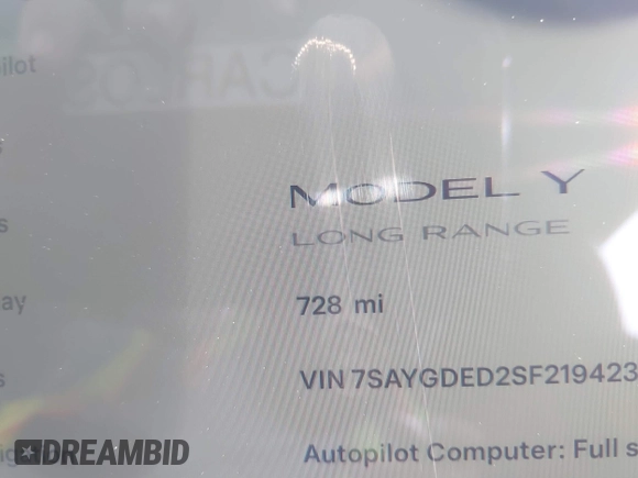 2025 Tesla Model Y Long Range with VIN 7SAYGDED2SF219423, listed as a IAAI auction lot 40984912 with 728 mi miles and . Bid and sale history available at DreamBid. Image 13.