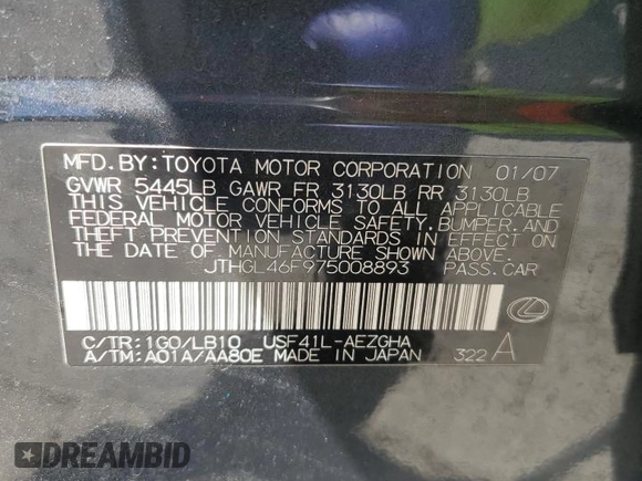 2007 Lexus LS 460 L z VIN JTHGL46F975008893, wystawiony jako Copart lot #55763835 z przebiegiem 93 809 mil mil oraz Szkoda całkowita • Salvage title. Historia ofert i sprzedaży dostępna na DreamBid. Obrazek 12.