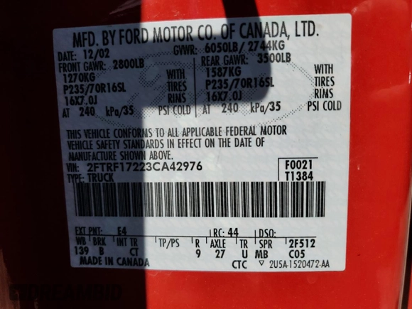 2003 Ford F-150 XL с VIN 2FTRF17223CA42976, выставлен на аукционе Copart как лот 56599855 с пробегом 79 381 миль миль и Чистый • Clean title. История ставок и продаж доступна на DreamBid. Изображение 12.