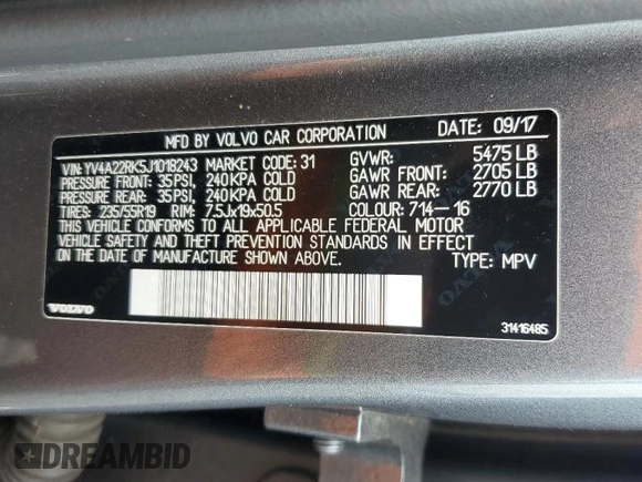 2018 Volvo XC60 Momentum with VIN YV4A22RK5J1018243, listed as a Copart auction lot 59377425 with 71,917 mi miles and Salvage title. Bid and sale history available at DreamBid. Image 13.