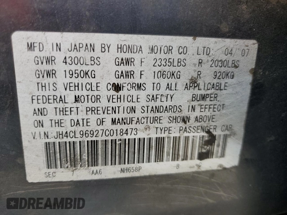 2007 Acura TSX Navi with VIN JH4CL96927C018473, listed as a Copart auction lot 60079735 with 364,753 mi miles and Salvage title. Bid and sale history available at DreamBid. Image 12.