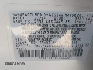 2014 Nissan Sentra SR with VIN 3N1AB7AP1EY315327, listed as a IAAI auction lot 41806824 with 103,000 mi miles and . Bid and sale history available at DreamBid. Image 9.