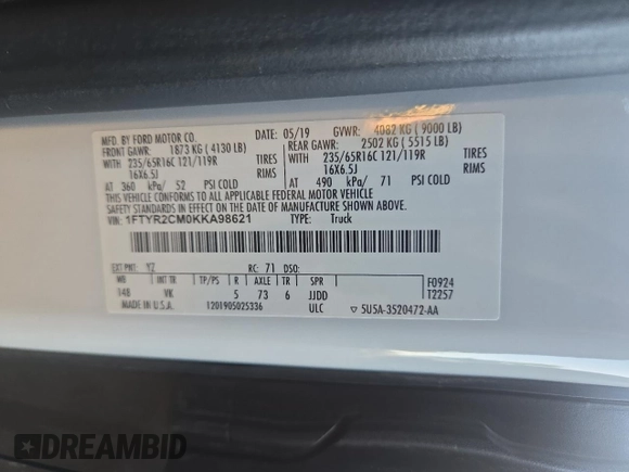 2019 Ford Transit with VIN 1FTYR2CM0KKA98621, listed as a Copart auction lot 60940125 with 77,075 mi miles and Salvage title. Bid and sale history available at DreamBid. Image 10.