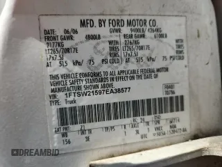 2007 Ford F-250 XL with VIN 1FTSW21597EA38577, listed as a Copart auction lot 58013575 with 189,924 mi miles and Salvage title. Bid and sale history available at DreamBid. Image 13.