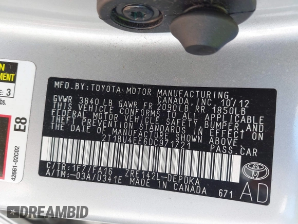 2013 Toyota Corolla L with VIN 2T1BU4EE6DC971721, listed as a IAAI auction lot 41422082 with Not Provided miles and . Bid and sale history available at DreamBid. Image 9.