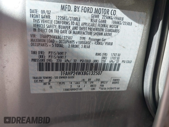 2008 Ford Taurus SEL z VIN 1FAHP24WX8G132507, wystawiony jako IAAI lot #42013031 z przebiegiem 110 805 mil mil oraz . Historia ofert i sprzedaży dostępna na DreamBid. Obrazek 9.