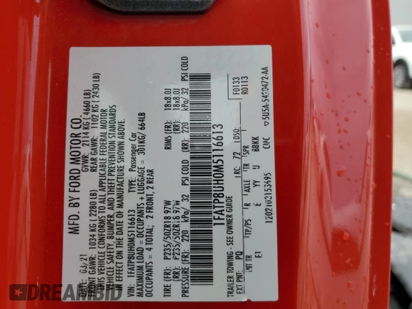 2021 Ford Mustang EcoBoost с VIN 1FATP8UH0M5116613, выставлен на аукционе Copart как лот 58559435 с пробегом 68 995 миль миль и Списание • Salvage title. История ставок и продаж доступна на DreamBid. Изображение 12.