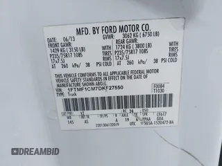2013 Ford F-150 XL with VIN 1FTMF1CM7DKF27550, listed as a IAAI auction lot 42667599 with 131,264 mi miles and . Bid and sale history available at DreamBid. Image 9.