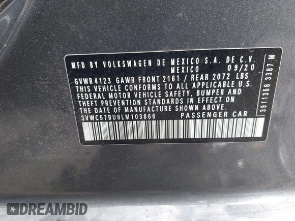 2020 Volkswagen Jetta S with VIN 3VWC57BU8LM103866, listed as a IAAI auction lot 42182114 with 101,311 mi miles and . Bid and sale history available at DreamBid. Image 9.